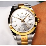 Datejust series men's watch, silver dial, gold bezel, 41mm, two-tone Oyster bracelet.