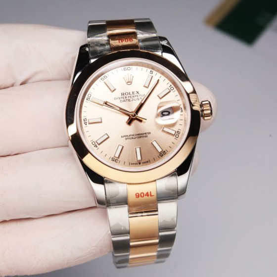 Datejust series men's watch, rose gold dial, rose gold bezel, 41mm, two-tone Oyster bracelet.
