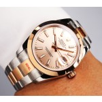 Datejust series men's watch, rose gold dial, rose gold bezel, 41mm, two-tone Oyster bracelet.