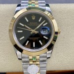 Log series men's watch, black dial, gold bezel, 41mm, two-tone five-link bracelet.