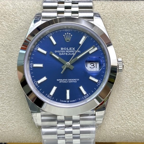 Datejust series men's watch, blue dial, silver bezel, 41mm, silver five-link bracelet.