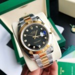 Datejust series men's watch, diamond-set black dial, gold bezel, 41mm, two-tone Oyster bracelet.
