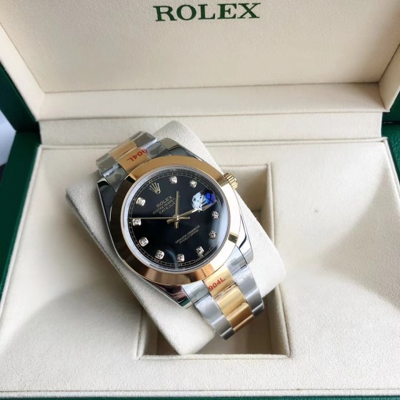 Datejust series men's watch, diamond-set black dial, gold bezel, 41mm, two-tone Oyster bracelet.