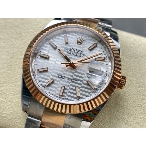 Log Series men's watch, wave-patterned silver dial, rose gold bezel, 41mm, two-tone Oyster bracelet.