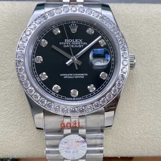 Datejust series men's watch, diamond-set black dial, diamond-set bezel, 41mm, silver five-link bracelet.