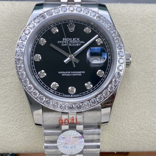 Datejust series men's watch, diamond-set black dial, diamond-set bezel, 41mm, silver five-link bracelet.