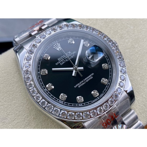 Datejust series men's watch, diamond-set black dial, diamond-set bezel, 41mm, silver five-link bracelet.
