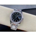 Datejust series men's watch, diamond-set black dial, diamond-set bezel, 41mm, silver five-link bracelet.