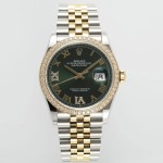 Datejust series women's watch, green dial, diamond-set bezel, 36mm, two-tone five-link bracelet.