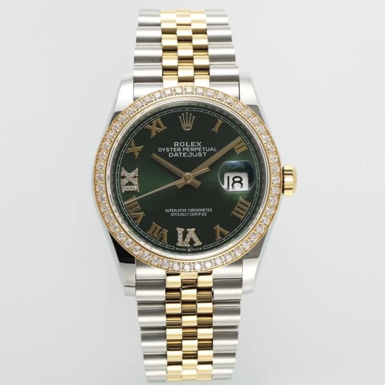 Datejust series women's watch, green dial, diamond-set bezel, 36mm, two-tone five-link bracelet.