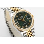 Datejust series women's watch, green dial, diamond-set bezel, 36mm, two-tone five-link bracelet.