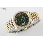 Datejust series women's watch, green dial, diamond-set bezel, 36mm, two-tone five-link bracelet.