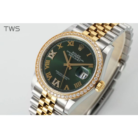 Datejust series women's watch, green dial, diamond-set bezel, 36mm, two-tone five-link bracelet.