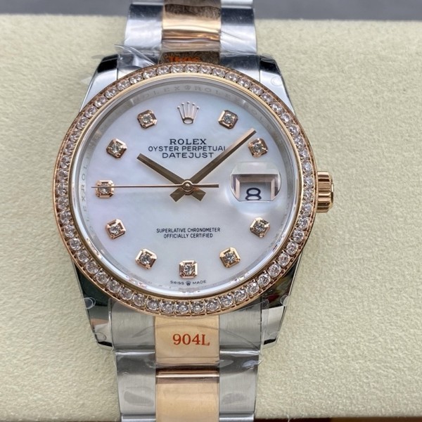 Datejust series women's watch with diamond-set mother-of-pearl dial, diamond-set bezel, 36mm, two-tone Oyster bracelet.