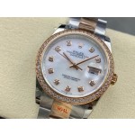 Datejust series women's watch with diamond-set mother-of-pearl dial, diamond-set bezel, 36mm, two-tone Oyster bracelet.