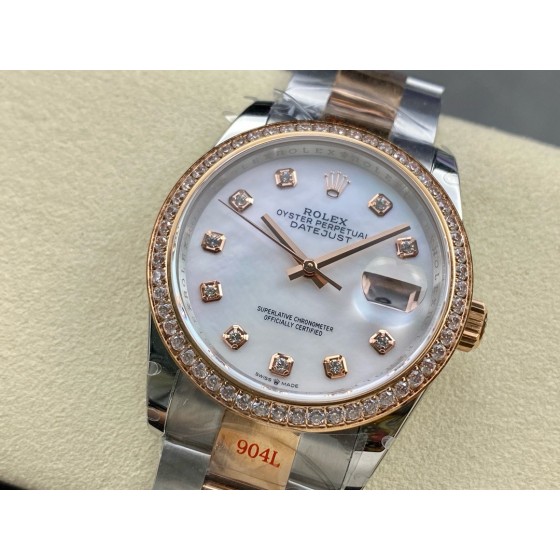 Datejust series women's watch with diamond-set mother-of-pearl dial, diamond-set bezel, 36mm, two-tone Oyster bracelet.