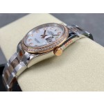 Datejust series women's watch with diamond-set mother-of-pearl dial, diamond-set bezel, 36mm, two-tone Oyster bracelet.
