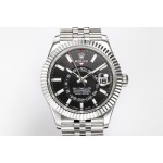 Navigator series men's watch, bright black dial, silver bezel, 42mm, silver five-link bracelet.