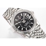 Navigator series men's watch, bright black dial, silver bezel, 42mm, silver five-link bracelet.