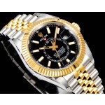 Navigator series men's watch, black dial, gold bezel, 42mm, two-tone five-link bracelet.