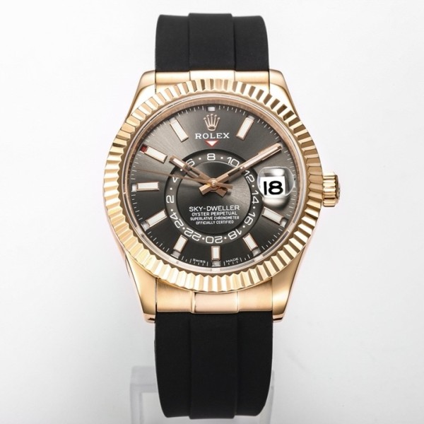 Navigator series men's watch, bright black dial, rose gold bezel, 42mm, rubber strap.