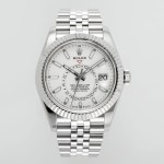 Navigator series men's watch, white dial, silver bezel, 42mm, silver five-link bracelet.