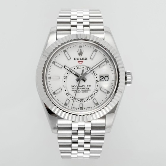 Navigator series men's watch, white dial, silver bezel, 42mm, silver five-link bracelet.