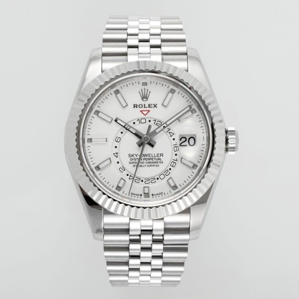 Navigator series men's watch, white dial, silver bezel, 42mm, silver five-link bracelet.