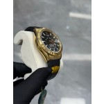 Navigator series men's watch, bright black dial, gold bezel, 42mm, rubber strap.