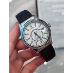 Navigator series men's watch, white dial, silver bezel, 42mm, rubber strap.