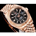 Navigator series men's watch, bright black dial, rose gold bezel, 42mm, rose gold five-link bracelet.
