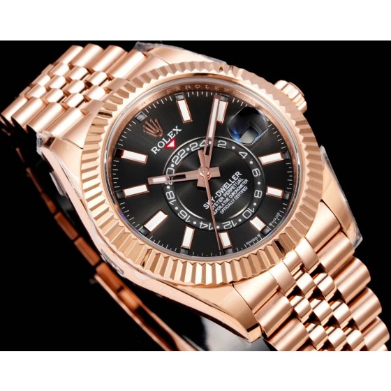 Navigator series men's watch, bright black dial, rose gold bezel, 42mm, rose gold five-link bracelet.