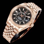 Navigator series men's watch, bright black dial, rose gold bezel, 42mm, rose gold five-link bracelet.