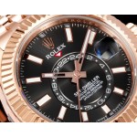 Navigator series men's watch, bright black dial, rose gold bezel, 42mm, rose gold five-link bracelet.