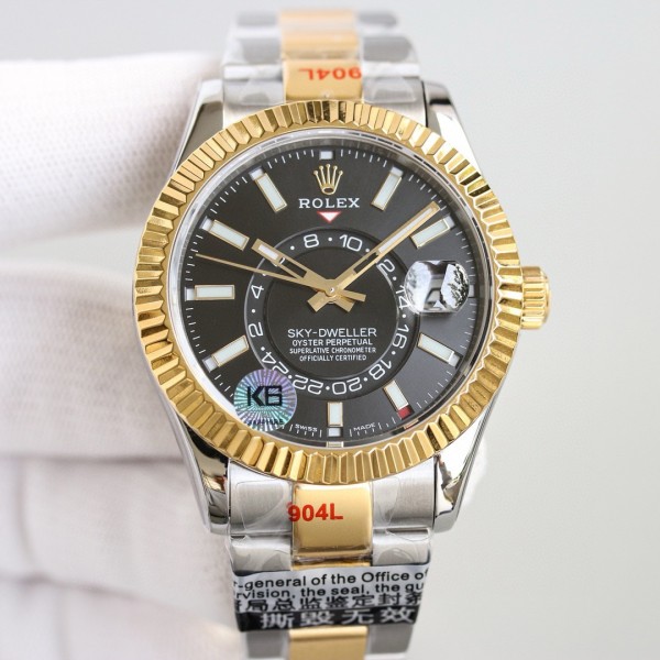 Navigator series men's watch with bright black dial, gold bezel, 42mm case, and two-tone Oyster bracelet.