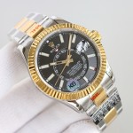 Navigator series men's watch with bright black dial, gold bezel, 42mm case, and two-tone Oyster bracelet.