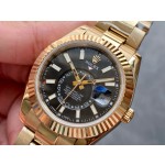 Navigator series men's watch with bright black dial, gold bezel, 42mm case, and gold Oyster bracelet.