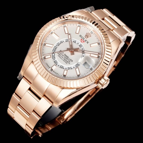 Navigator series men's watch, white dial, rose gold bezel, 42mm, rose gold Oyster bracelet.