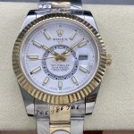 Navigator series men's watch, white dial, gold bezel, 42mm, two-tone Oyster bracelet.