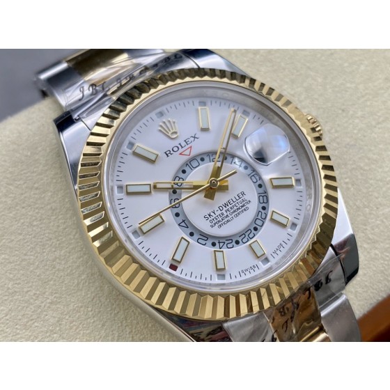 Navigator series men's watch, white dial, gold bezel, 42mm, two-tone Oyster bracelet.
