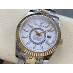 Navigator series men's watch, white dial, gold bezel, 42mm, two-tone Oyster bracelet.