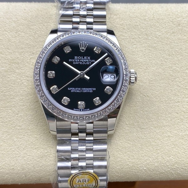 Datejust series, black dial with diamonds, 31mm, silver strap