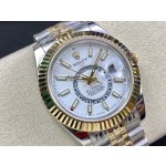 Navigator series men's watch, white dial, gold bezel, 42mm, two-tone five-link bracelet.