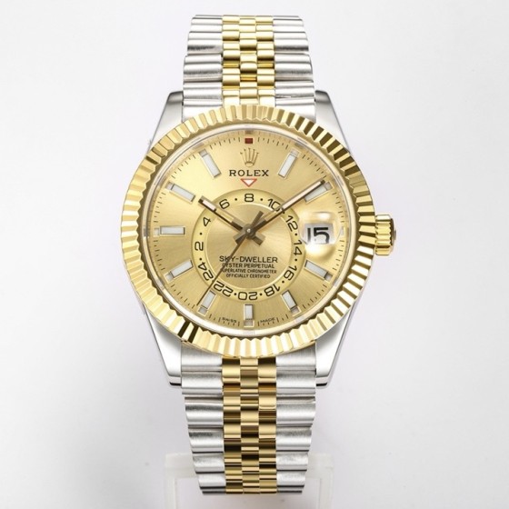 Navigator series men's watch, gold dial, gold bezel, 42mm, two-tone five-link bracelet.