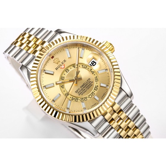 Navigator series men's watch, gold dial, gold bezel, 42mm, two-tone five-link bracelet.