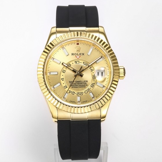 Navigator series men's watch, gold dial, gold bezel, 42mm, rubber strap.