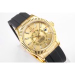 Navigator series men's watch, gold dial, gold bezel, 42mm, rubber strap.