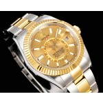 Explorer series men's watch, gold dial, gold bezel, 42mm, two-tone Oyster bracelet.