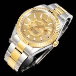 Explorer series men's watch, gold dial, gold bezel, 42mm, two-tone Oyster bracelet.