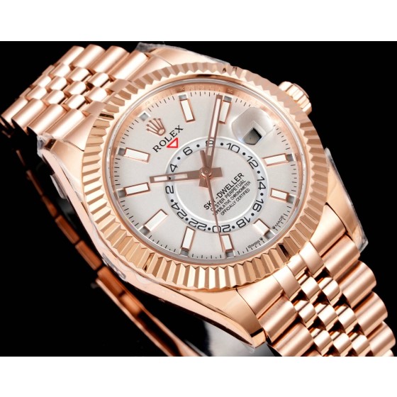 Navigator series men's watch, white dial, rose gold bezel, 42mm, rose gold five-link bracelet.